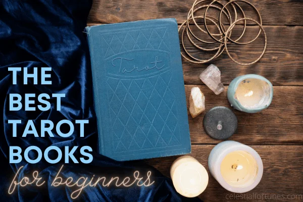 The best tarot books for beginners shows a tarot book and lit candles