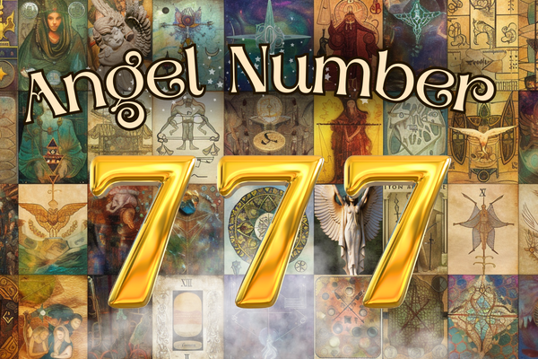 Angel number 777 in front of a collage of angelic and religious images
