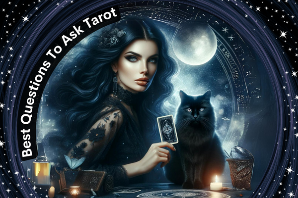 Questions to ask Tarot. woman with a black cat holding a tarot card