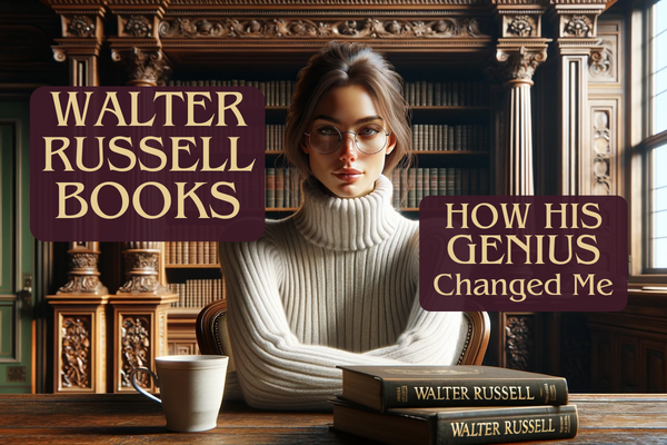 Walter Russell books -- How they changed me. Woman sitting in a library with 2 walter russell books on the desk in front of her, along with a cup of coffee