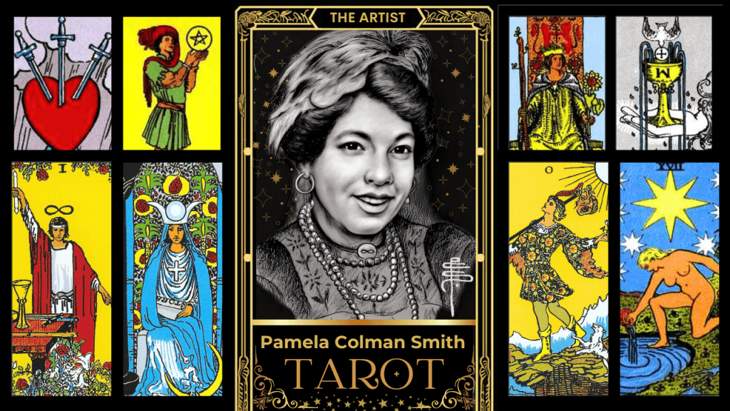 Pamela Colman SMith in front of pictures of the Rider Waite Smith Tarot cards