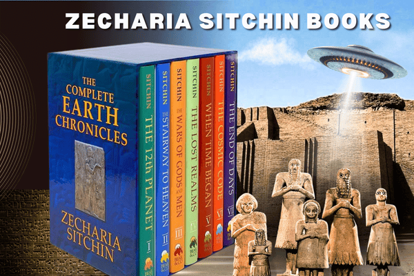 Zecharia Sitchin books: The Earth Chronicles series. Ancient Sumerian statues in front of a ziggurat with a UFO overhead