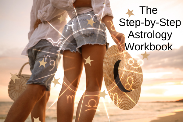 step by step astrology workbook, couple walking on beach with zodiac signs in light