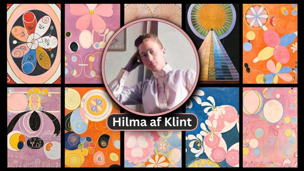 Photo of HIlma af klint with images of her artwork surrounding her