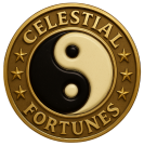 Celestial Fortunes Logo, yinyang circle in center, extruded metal with stars on the band
